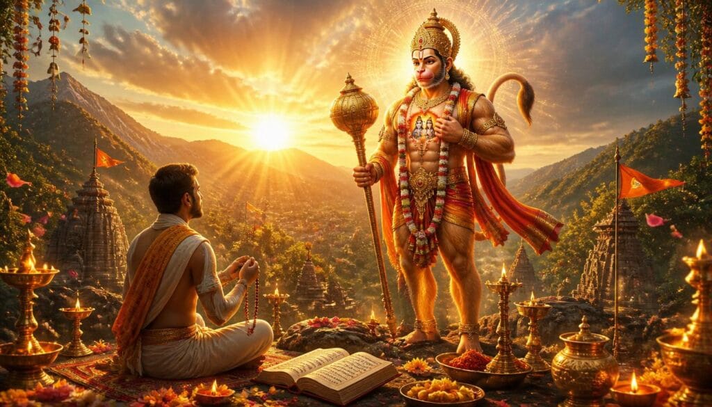 भगवान हनुमान के समक्ष अंजनी गर्भ संभूत मंत्र का जप करते हुए भक्त