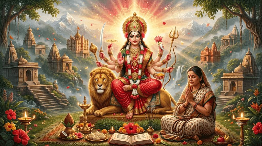 माता दुर्गा के समक्ष दुर्गा गायत्री मंत्र का जप करते हुए भक्त