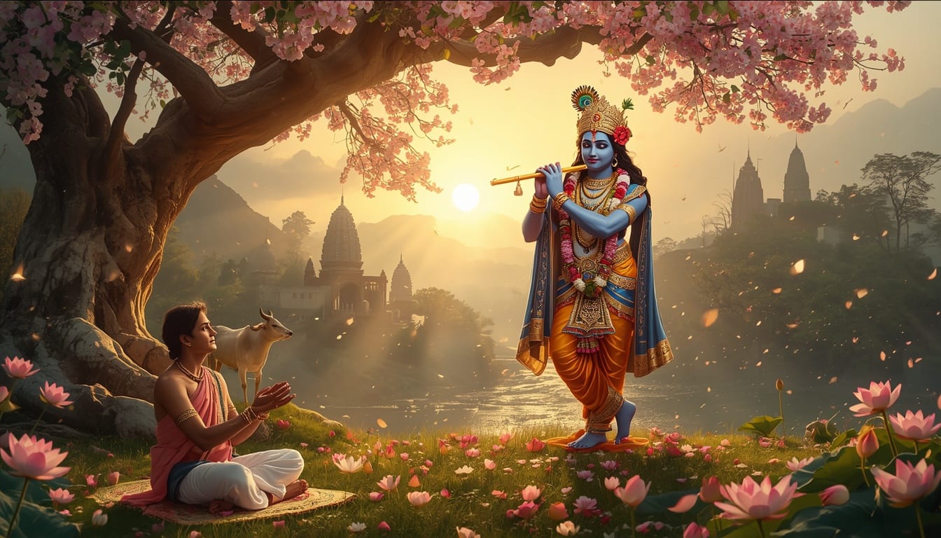 भगवान श्रीकृष्ण के समक्ष तुलसी माला से हरे कृष्ण महा मंत्र का जप करते हुए भक्त