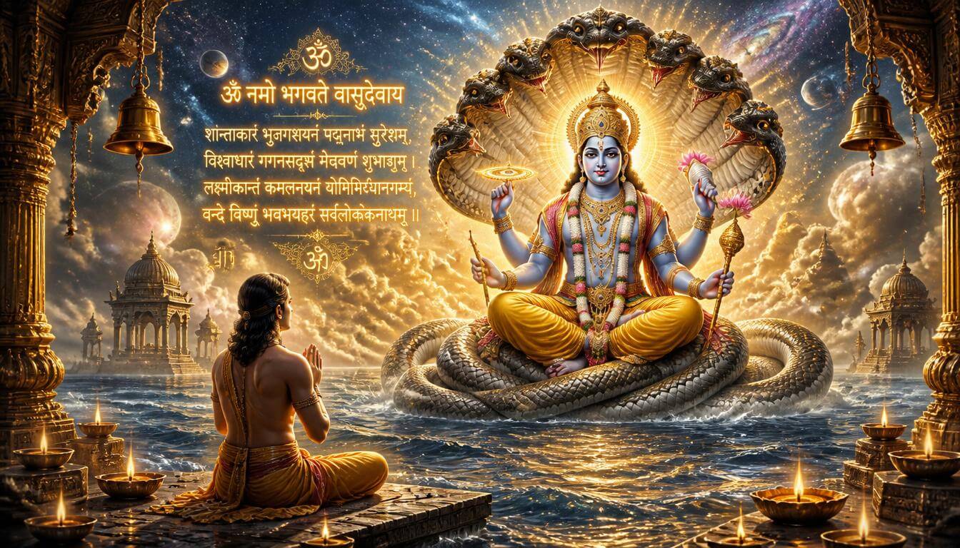 भगवान विष्णु का मंगलम विष्णु मंत्र जाप करते हुए भक्त