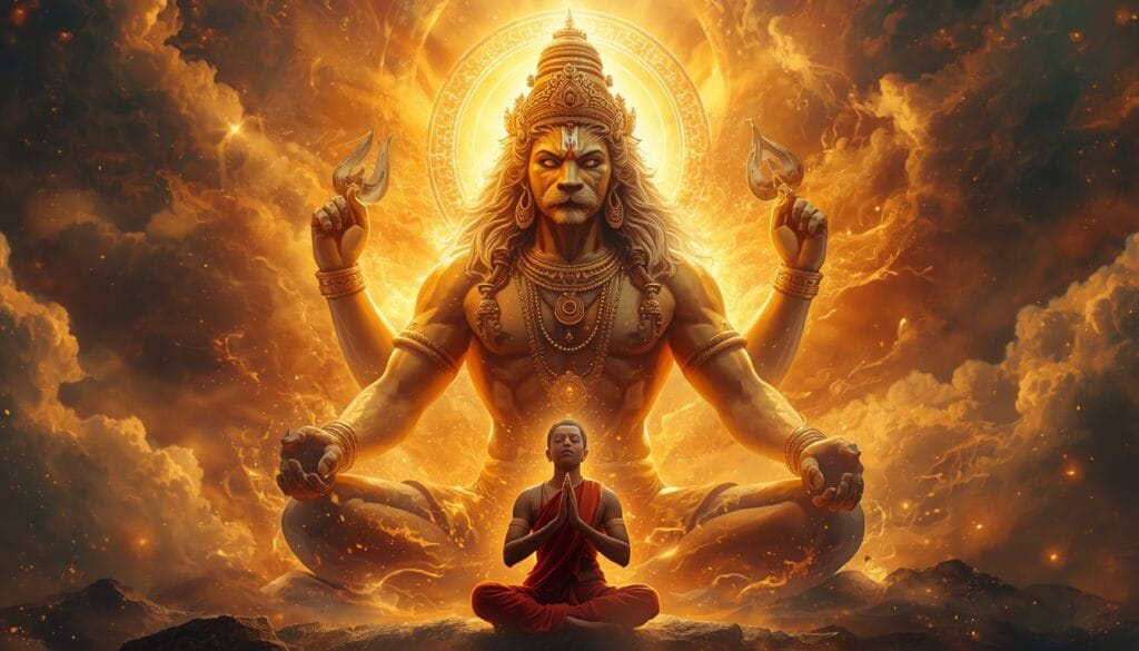 भगवान नरसिंह का उग्र दिव्य स्वरूप और भक्त द्वारा नरसिंह ध्यान मंत्र का जाप