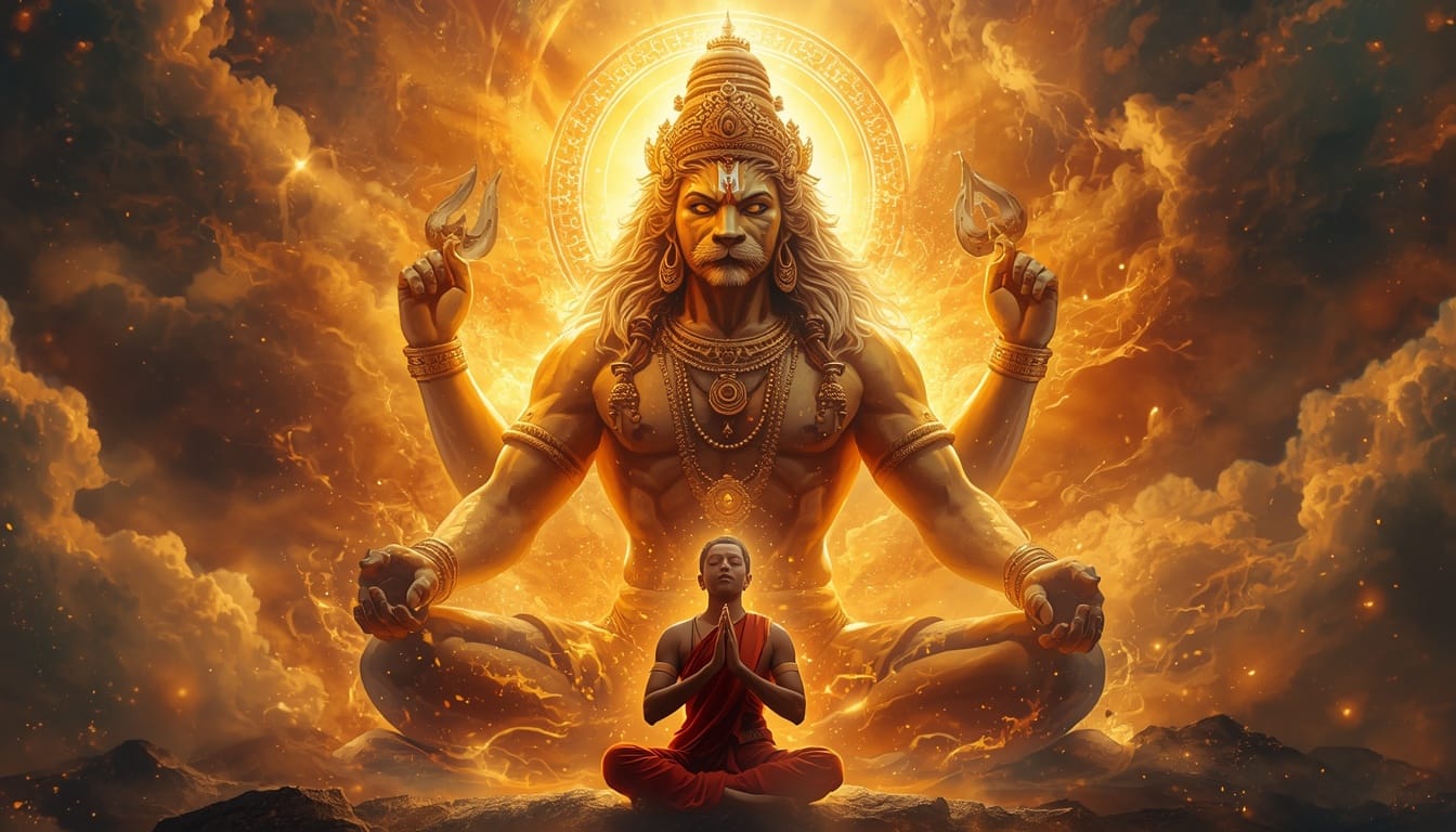 भगवान नरसिंह का उग्र दिव्य स्वरूप और भक्त द्वारा नरसिंह ध्यान मंत्र का जाप
