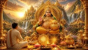 ॐ यक्षाय कुबेराय मंत्र का जाप करते हुए भगवान कुबेर का दिव्य स्वरूप