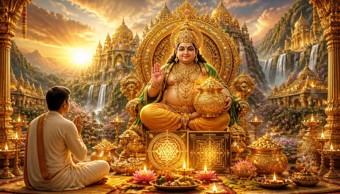 ॐ यक्षाय कुबेराय मंत्र का जाप करते हुए भगवान कुबेर का दिव्य स्वरूप