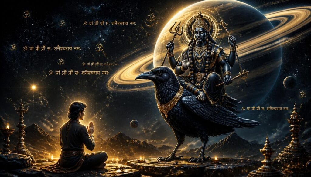 शनिदेव की पूजा करते हुए भक्त और शनि बीज मंत्र का जाप
