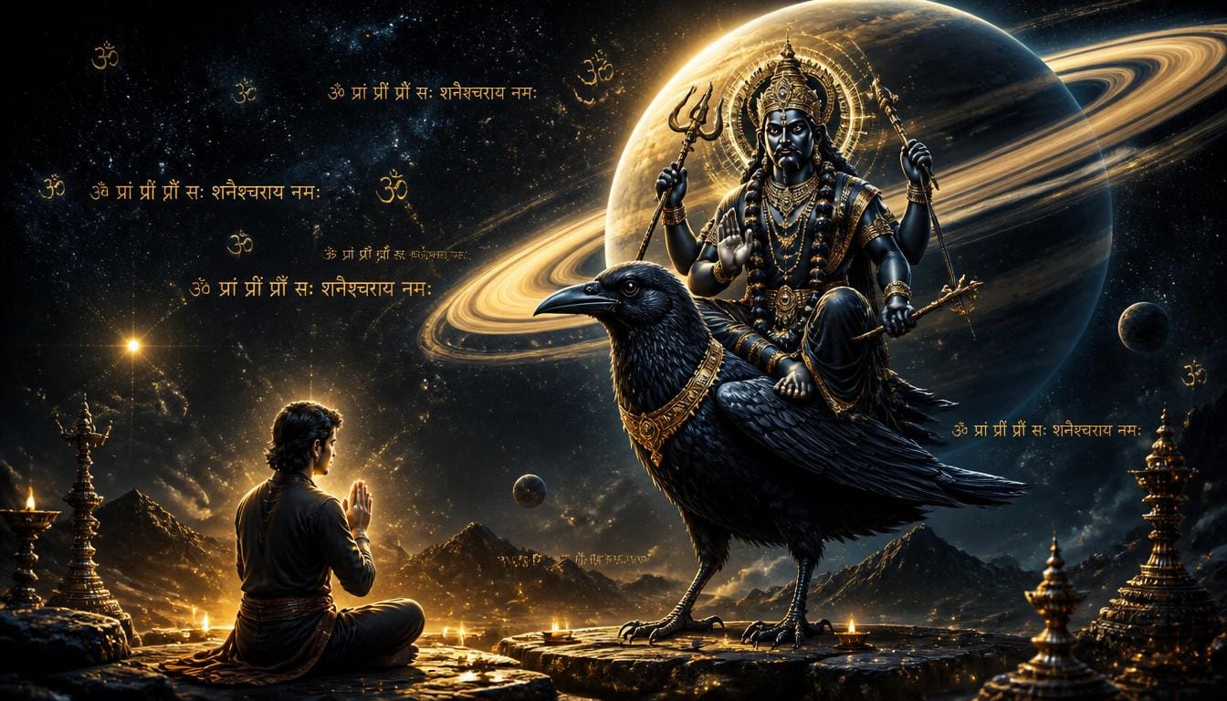 शनिदेव की पूजा करते हुए भक्त और शनि बीज मंत्र का जाप