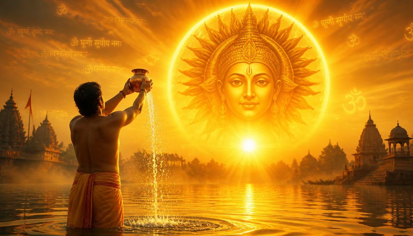सूर्योदय के समय सूर्य देव को अर्घ्य देते हुए भक्त और सूर्य आरोग्य मंत्र का जाप