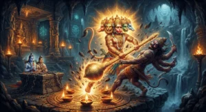 अहिरावण वध कथा में पंचमुखी हनुमान भगवान श्रीराम और लक्ष्मण को पाताल लोक से मुक्त कराते हुए