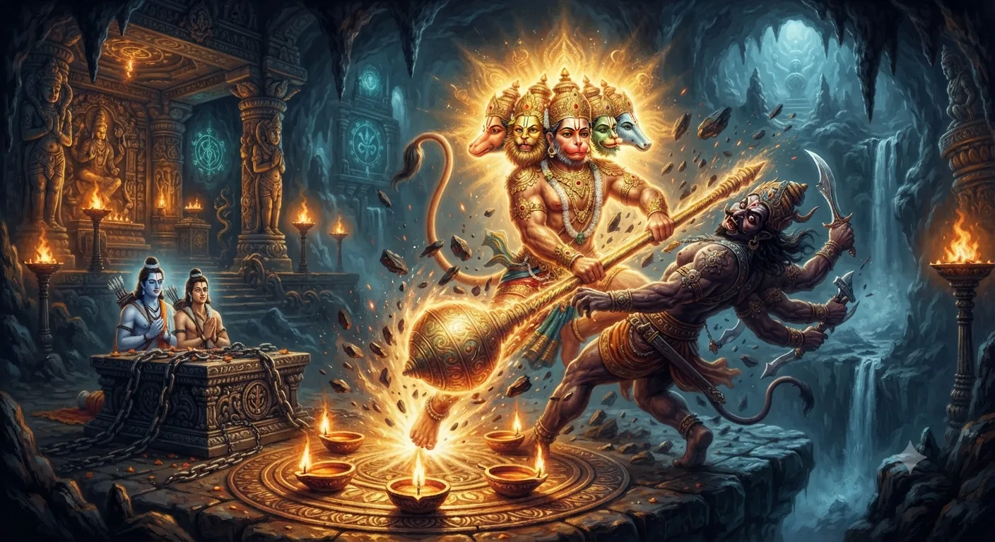अहिरावण वध कथा में पंचमुखी हनुमान भगवान श्रीराम और लक्ष्मण को पाताल लोक से मुक्त कराते हुए