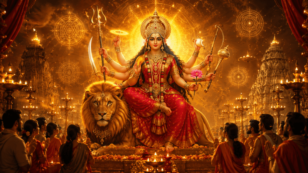 सिंह पर विराजमान माँ दुर्गा का दिव्य स्वरूप, दुर्गा कवच (देवी कवच) के संपूर्ण पाठ, हिंदी अर्थ, लाभ और पाठ विधि का प्रतीकात्मक चित्र।