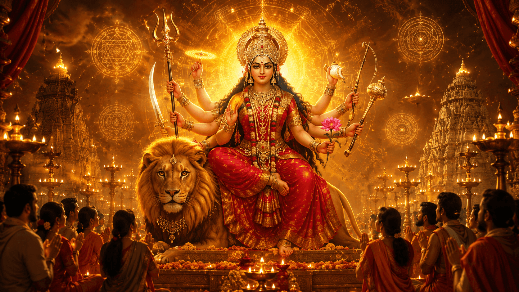 सिंह पर विराजमान माँ दुर्गा का दिव्य स्वरूप, दुर्गा कवच (देवी कवच) के संपूर्ण पाठ, हिंदी अर्थ, लाभ और पाठ विधि का प्रतीकात्मक चित्र।