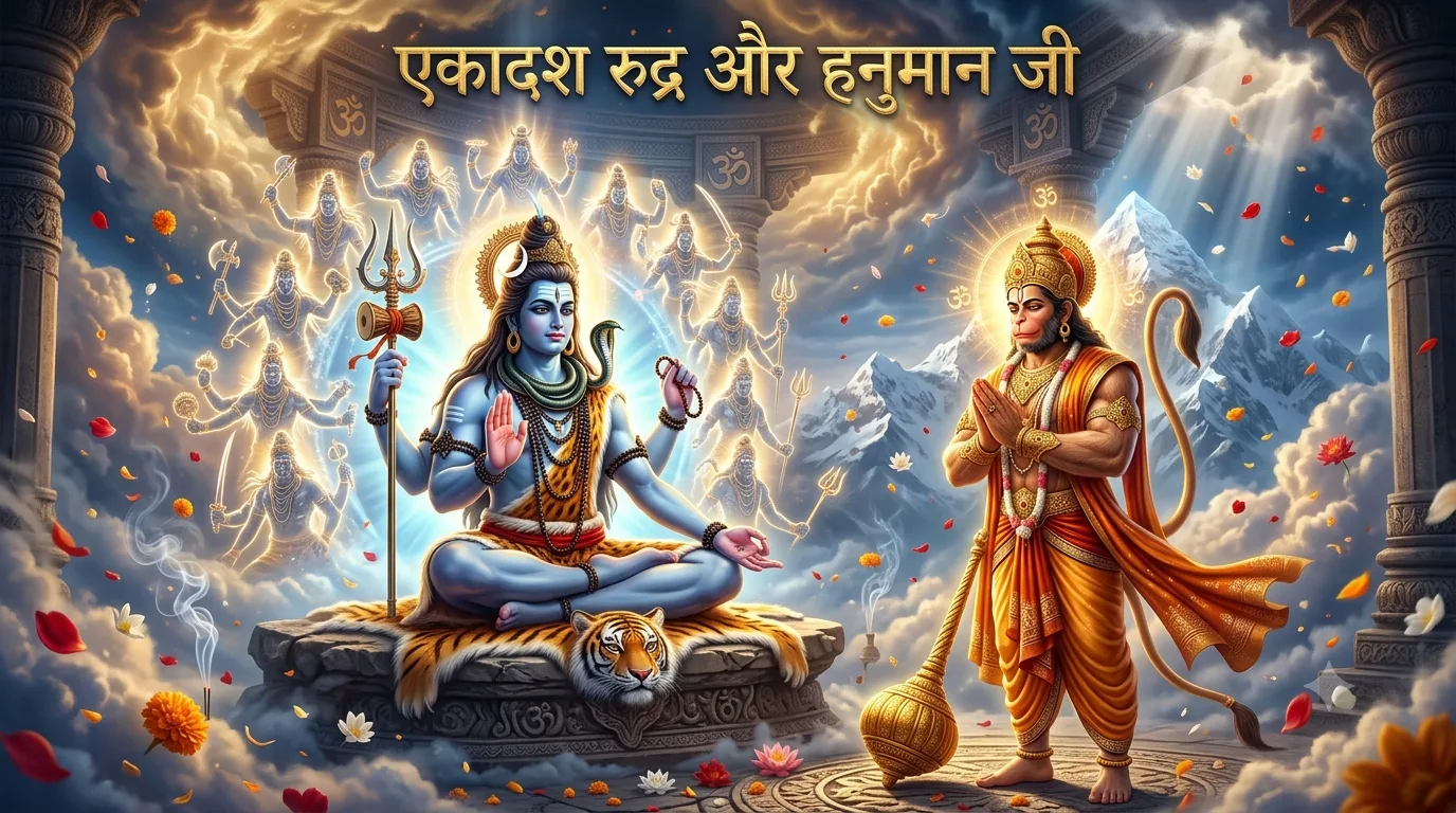 भगवान शिव के एकादश रुद्र और हनुमान जी का दिव्य स्वरूप दर्शाता धार्मिक चित्र