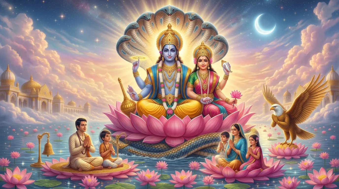 भगवान श्रीहरि विष्णु के साथ एकादशी व्रत का महत्व दर्शाता दिव्य चित्र