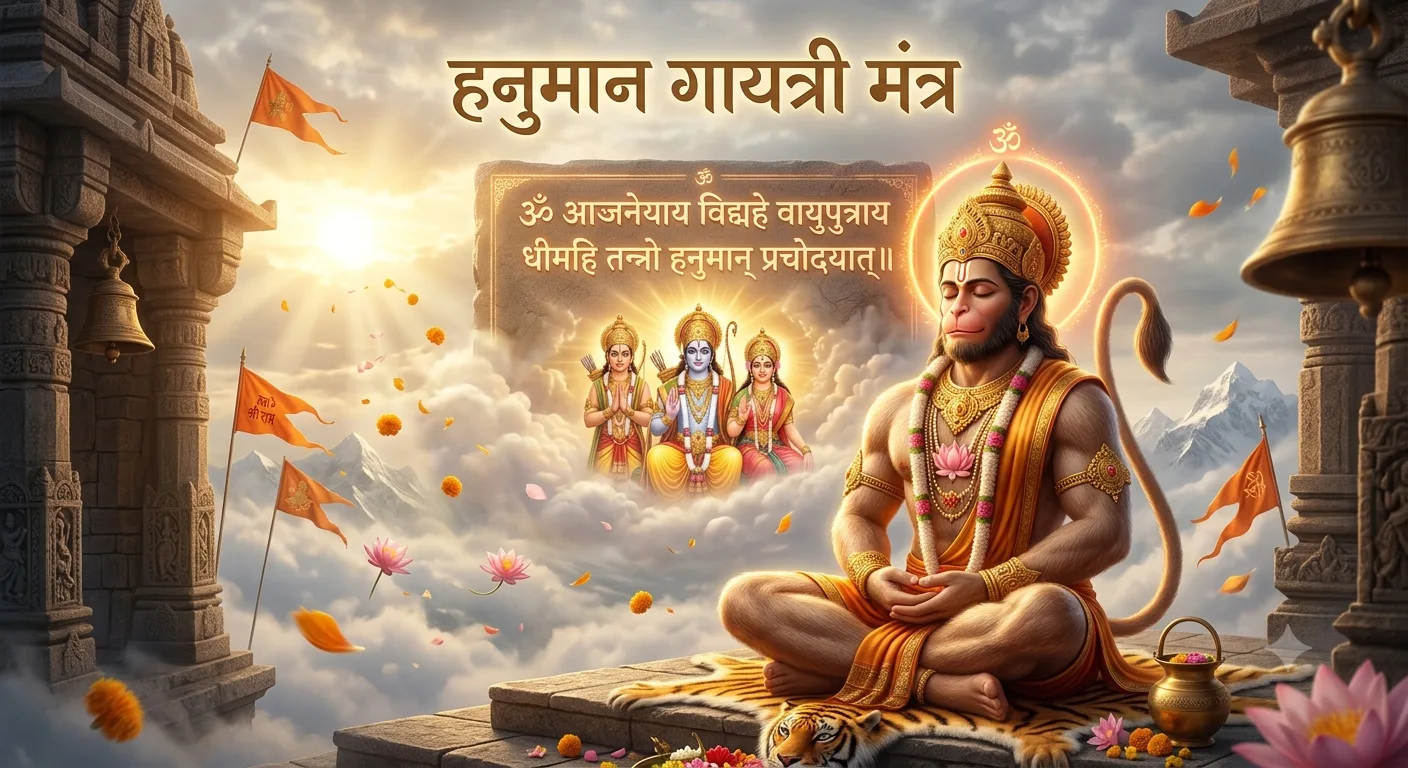 हनुमान गायत्री मंत्र का जाप करते हुए भगवान हनुमान का दिव्य स्वरूप
