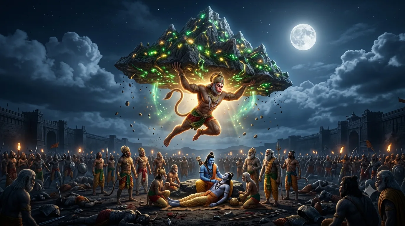 द्रोणागिरि पर्वत लेकर लक्ष्मण जी के लिए संजीवनी बूटी लाते हुए हनुमान जी का दिव्य दृश्य