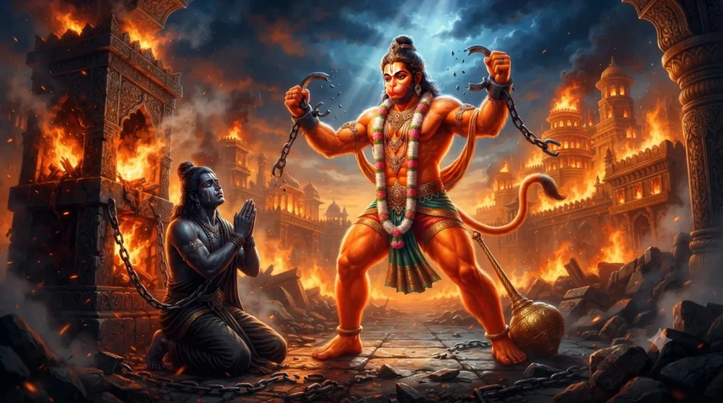हनुमान जी और शनिदेव की कथा में हनुमान जी द्वारा शनिदेव को रावण के बंधन से मुक्त करते हुए दिव्य दृश्य