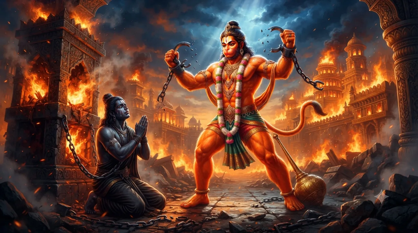 हनुमान जी और शनिदेव की कथा में हनुमान जी द्वारा शनिदेव को रावण के बंधन से मुक्त करते हुए दिव्य दृश्य