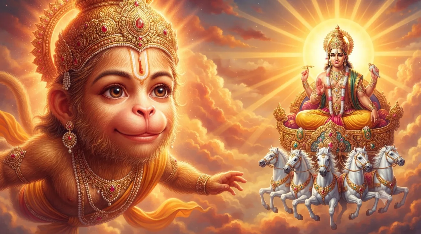 बाल हनुमान सूर्यदेव की ओर उड़ते हुए, हनुमान जी और सूर्यदेव की दिव्य कथा का दृश्य
