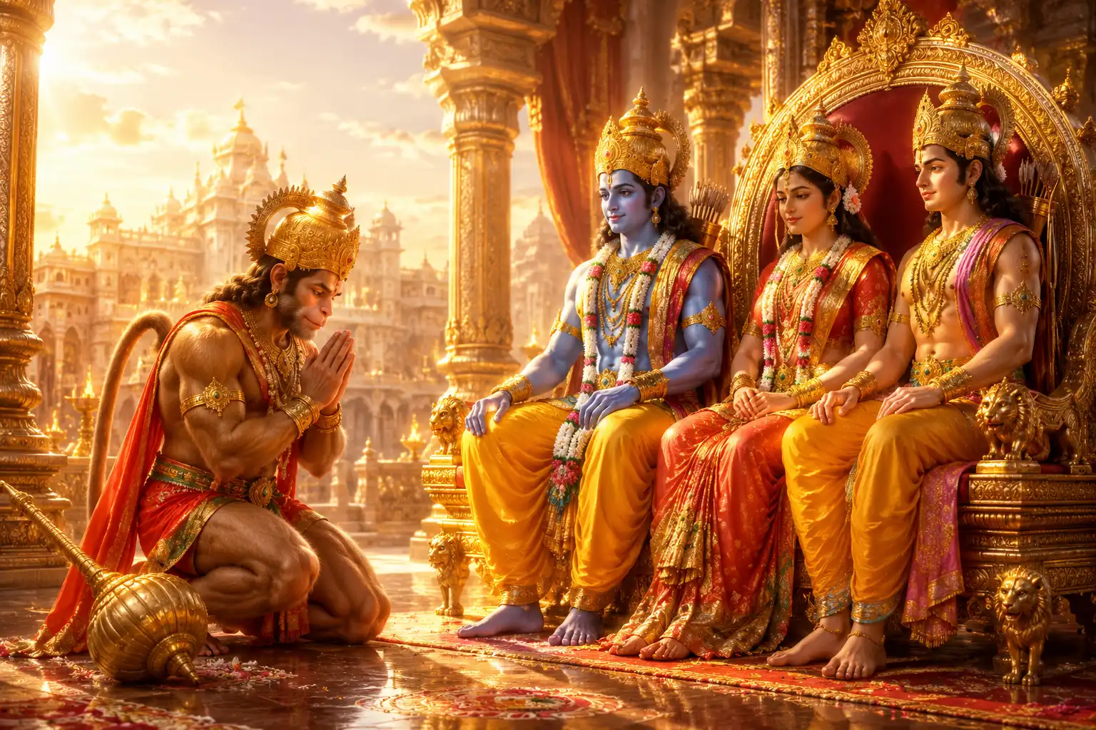 भगवान श्रीराम के सामने विनम्र भाव से खड़े हनुमान जी