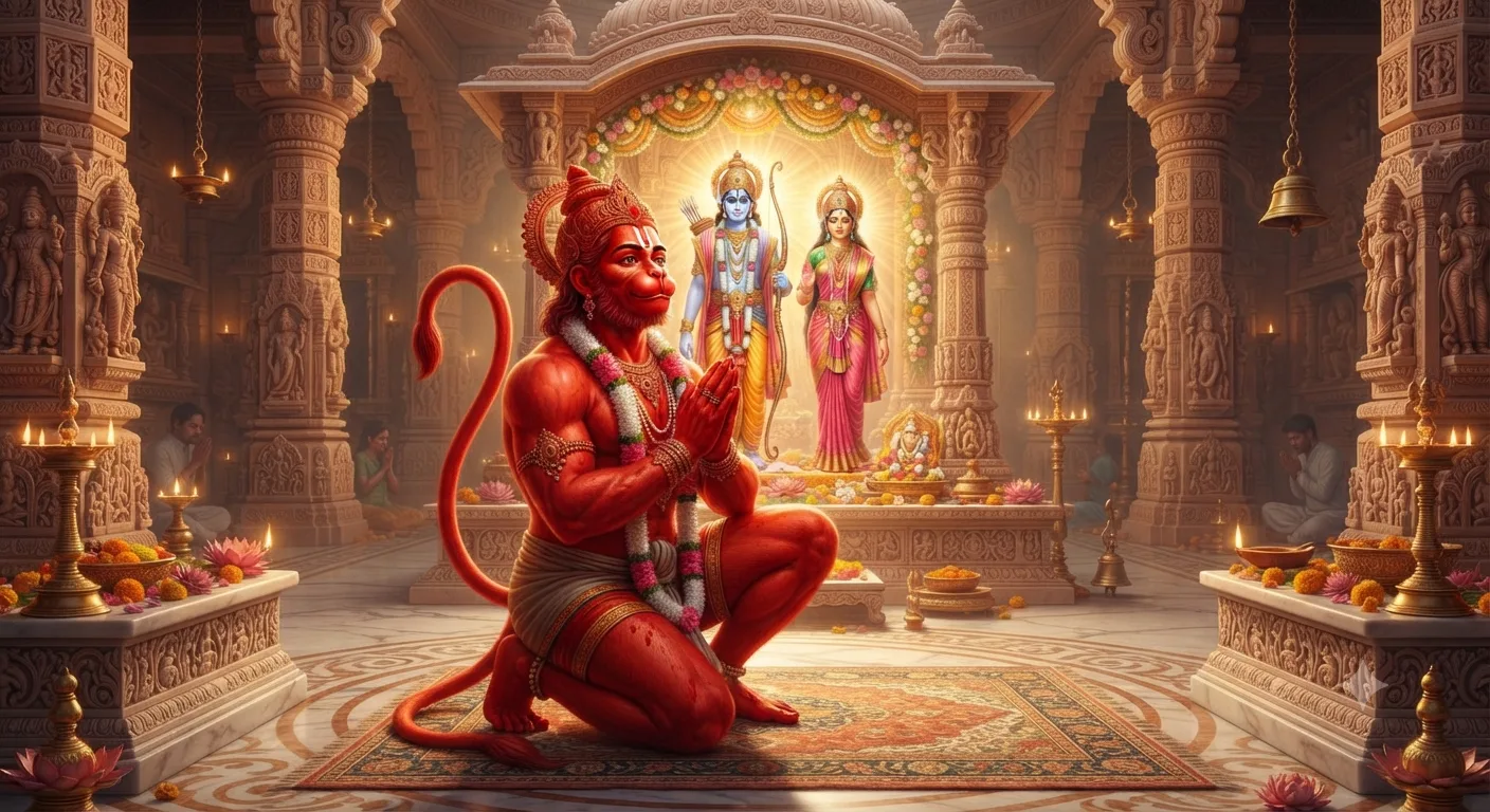 हनुमान जी सिंदूर लगाए हुए और भगवान श्रीराम की भक्ति करते हुए