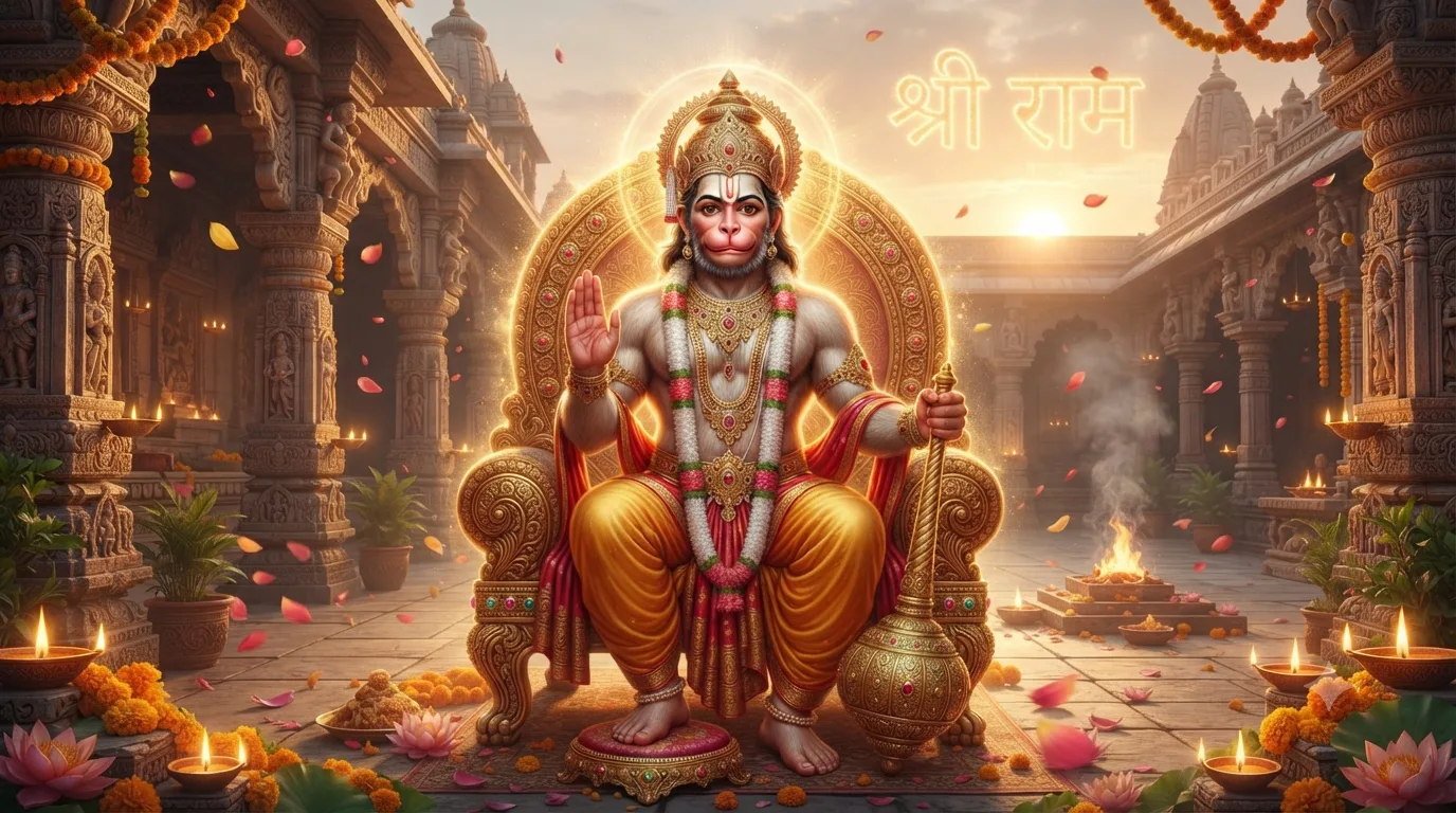 हे दुःख भंजन हनुमान भजन में भगवान हनुमान जी का दिव्य और तेजस्वी स्वरूप