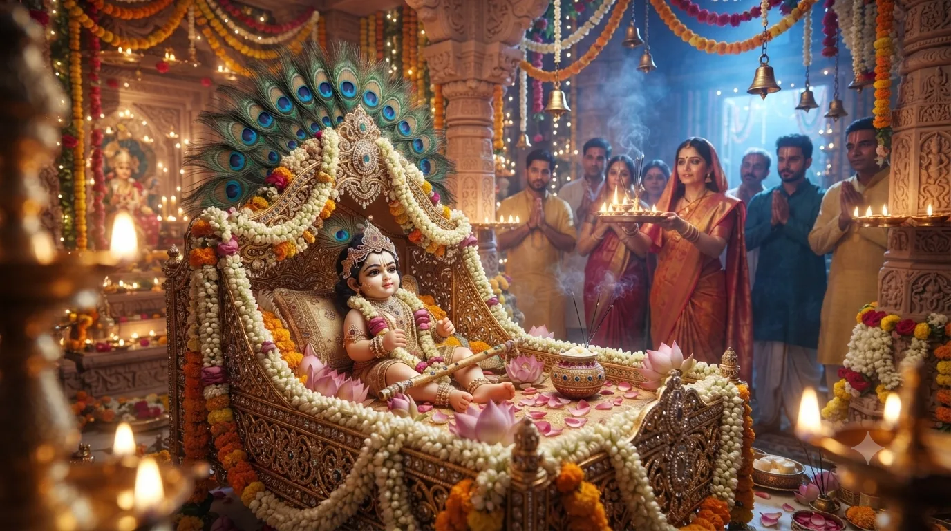 श्रीकृष्ण जन्माष्टमी 2026 पर झूले में विराजमान लड्डू गोपाल और भक्त पूजा करते हुए