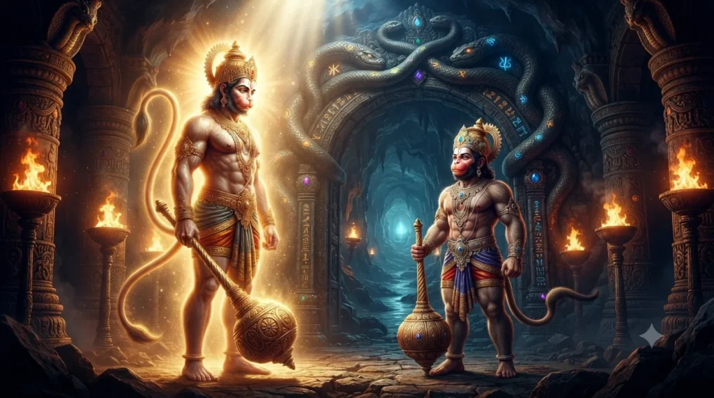 मकरध्वज की कथा में भगवान हनुमान और मकरध्वज का पाताल लोक में दिव्य मिलन