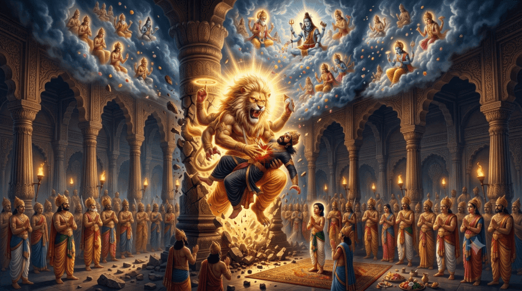 भगवान नरसिंह खंभे से प्रकट होकर हिरण्यकशिपु का वध करते हुए, भक्त प्रह्लाद हाथ जोड़कर खड़े हैं