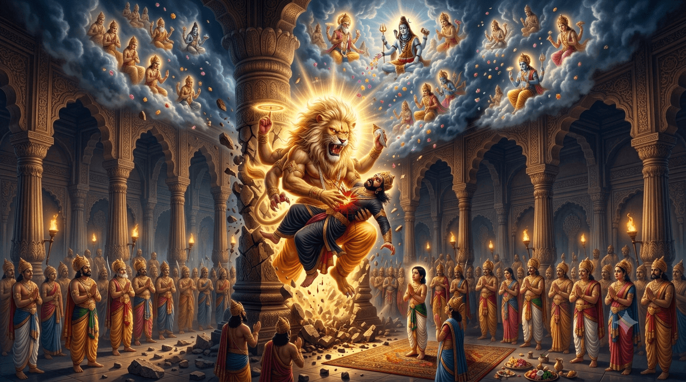 भगवान नरसिंह खंभे से प्रकट होकर हिरण्यकशिपु का वध करते हुए, भक्त प्रह्लाद हाथ जोड़कर खड़े हैं