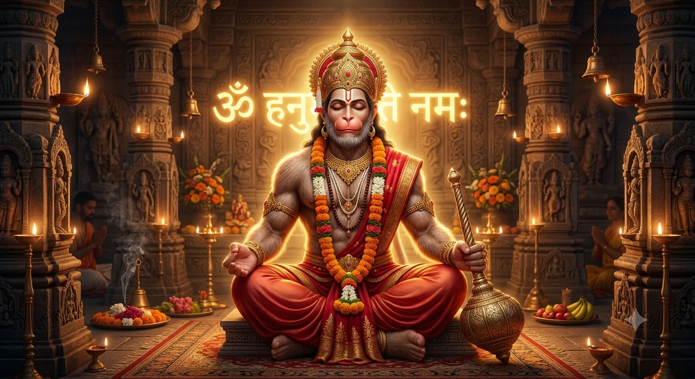 Om Hanumate Namah Mantra का जाप करते हुए भगवान हनुमान जी का दिव्य स्वरूप