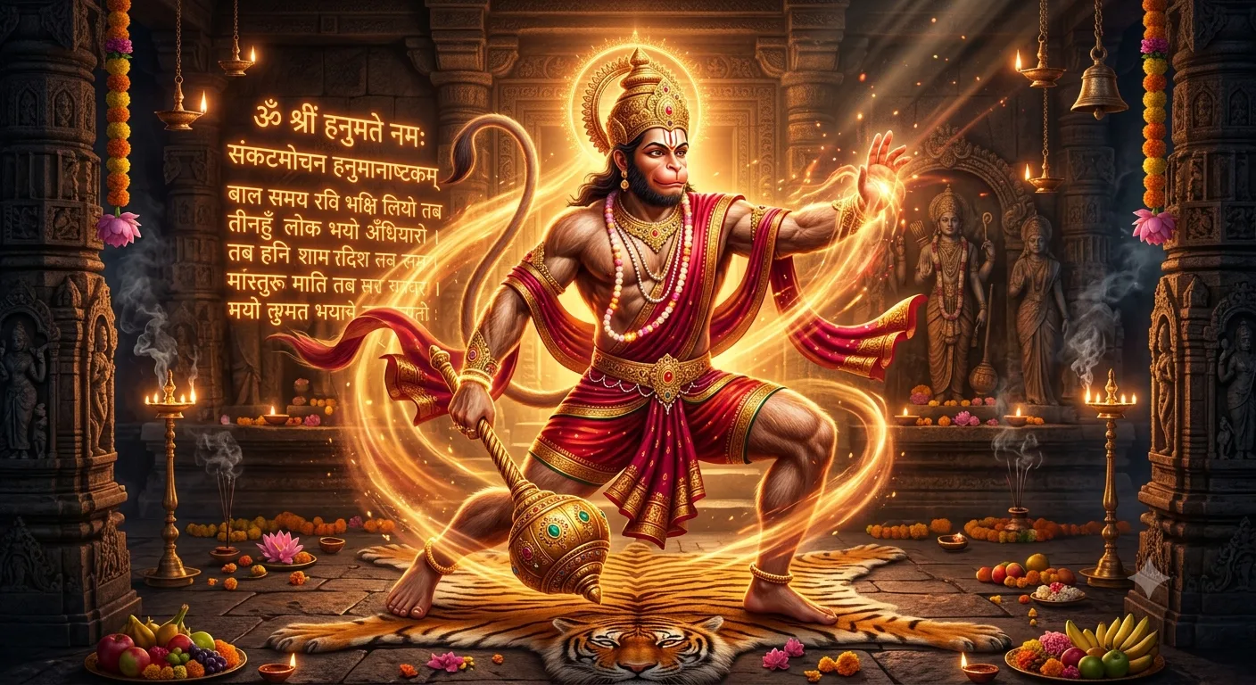 संकटमोचन हनुमानाष्टक पाठ करते हुए भगवान हनुमान जी का दिव्य स्वरूप