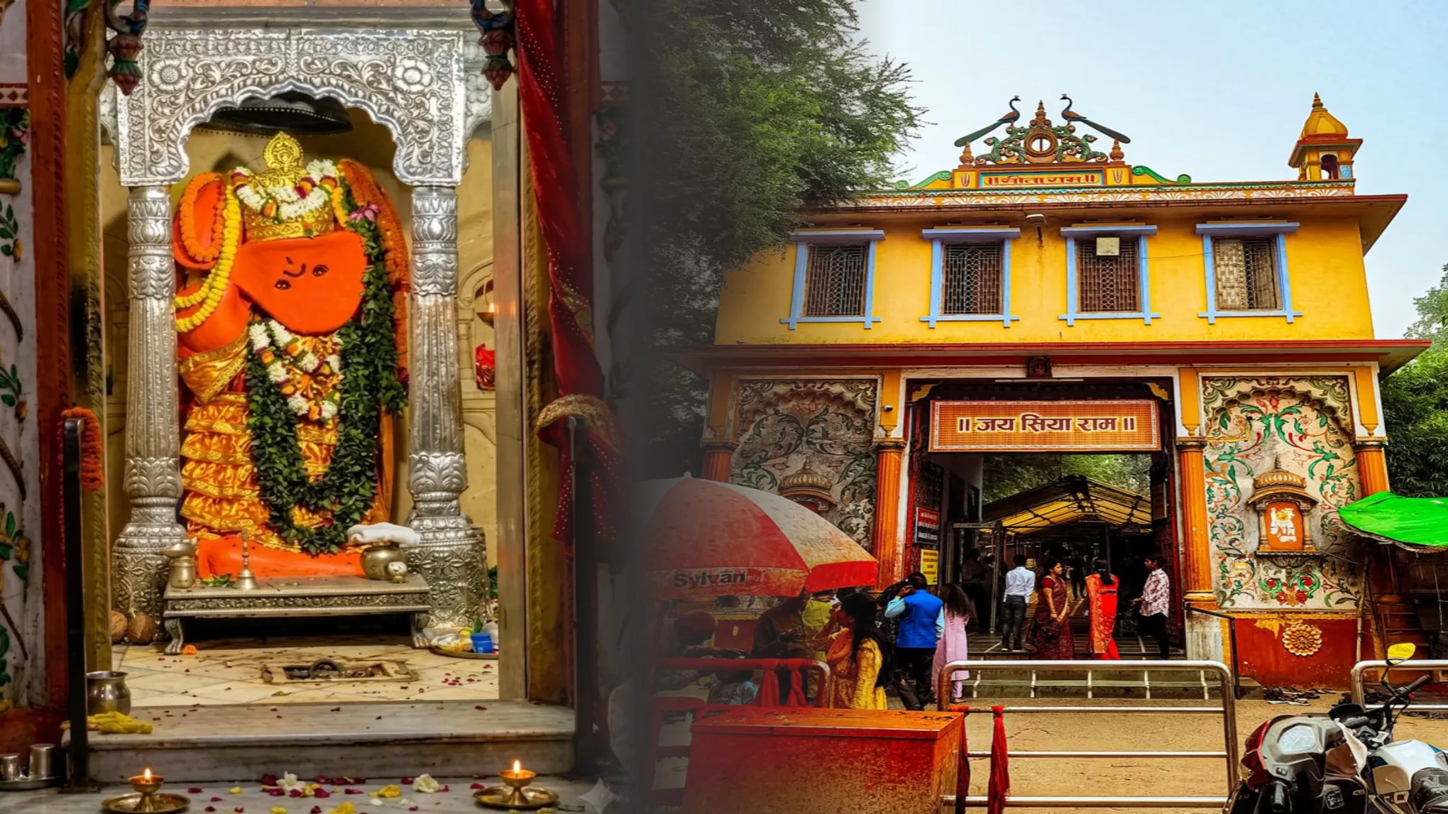वाराणसी स्थित संकट मोचन हनुमान मंदिर का मुख्य प्रवेश द्वार और भगवान हनुमान का प्रसिद्ध मंदिर