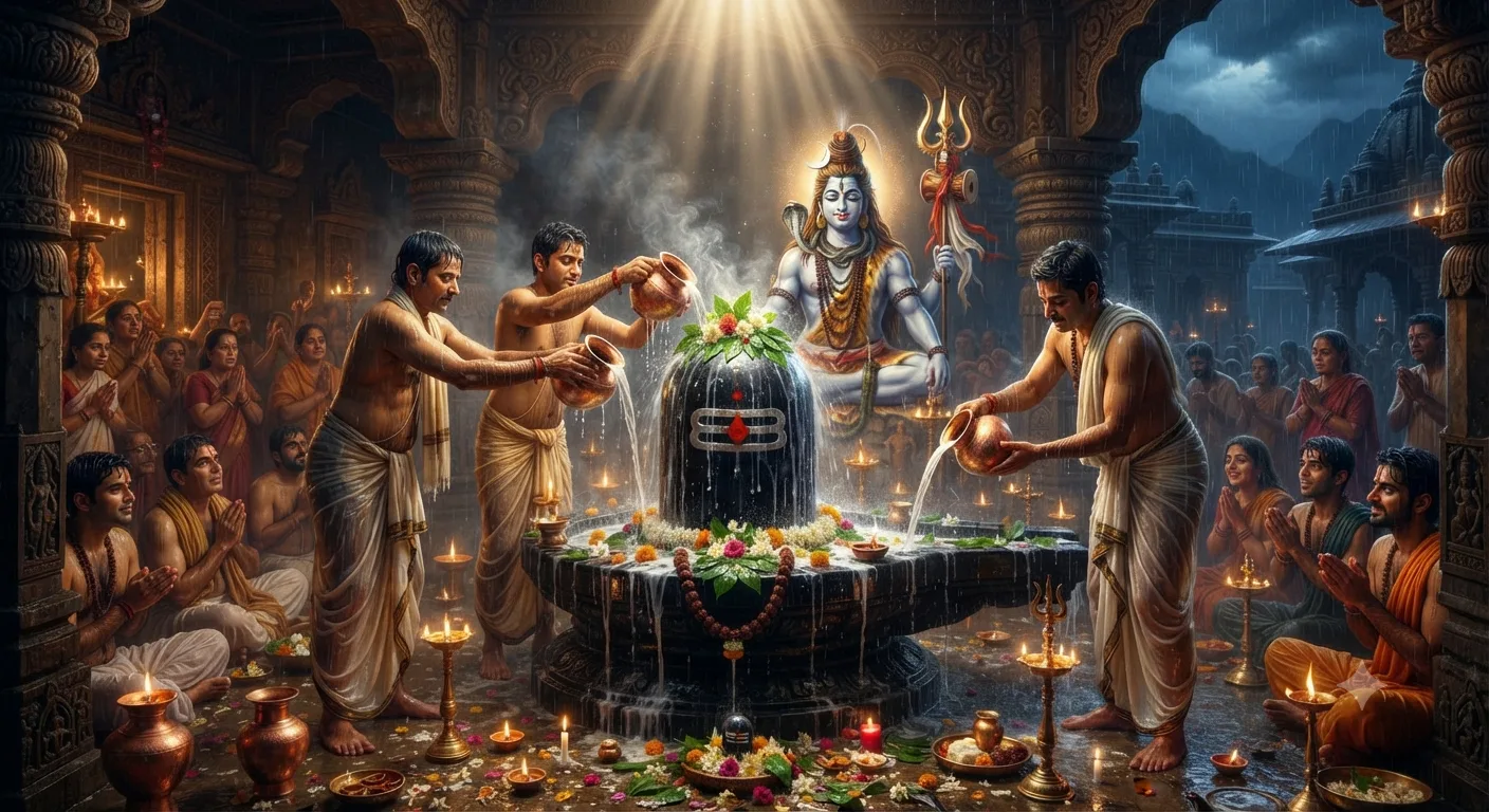 सावन शिवरात्रि 2026 पर भगवान शिव का दिव्य शिवलिंग, जलाभिषेक, बेलपत्र और भक्त पूजा करते हुए।
