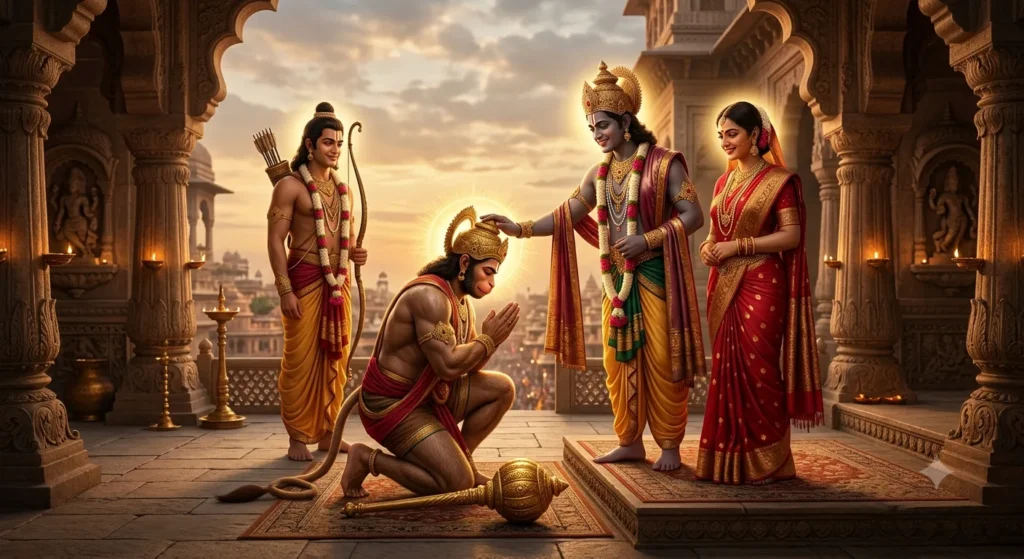 भगवान श्रीराम के चरणों में विनम्र भाव से बैठे हनुमान जी