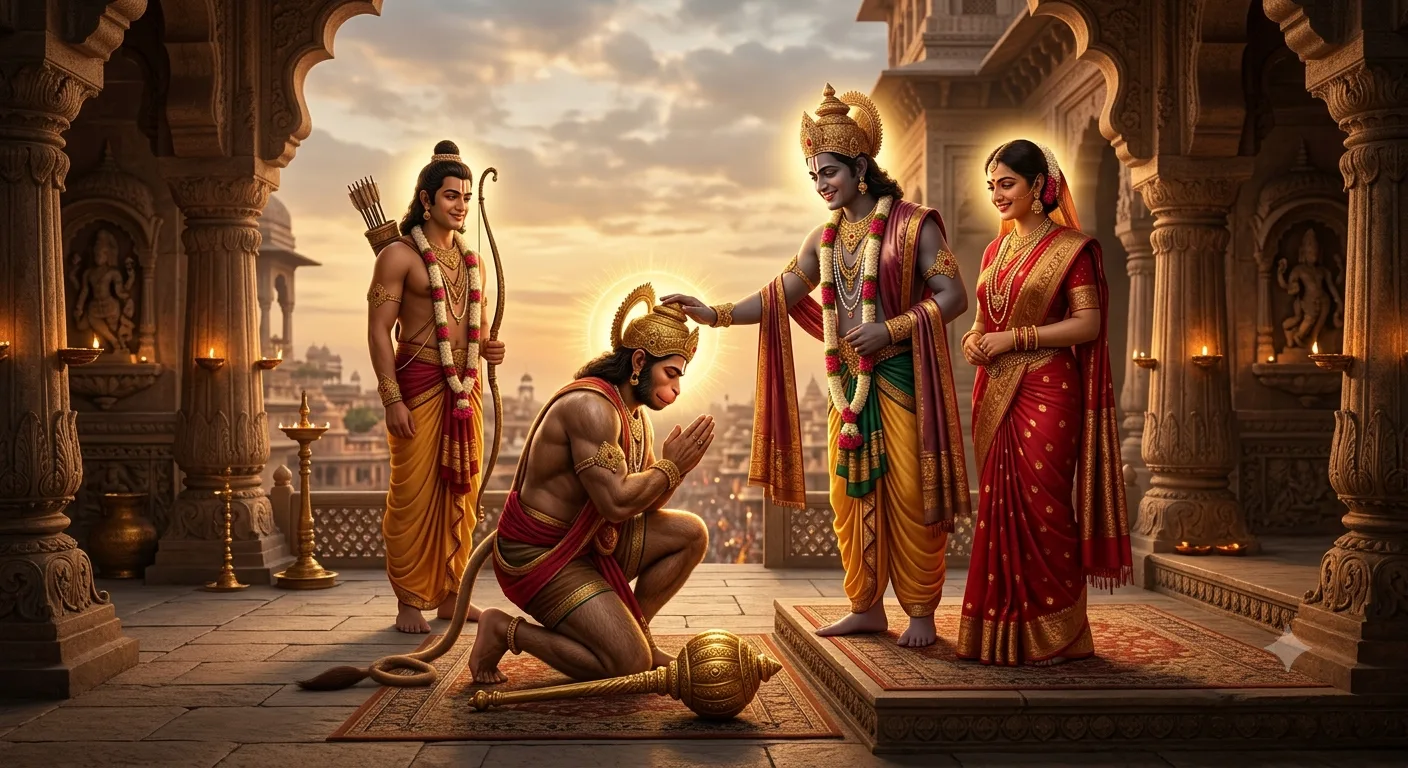 भगवान श्रीराम के चरणों में विनम्र भाव से बैठे हनुमान जी