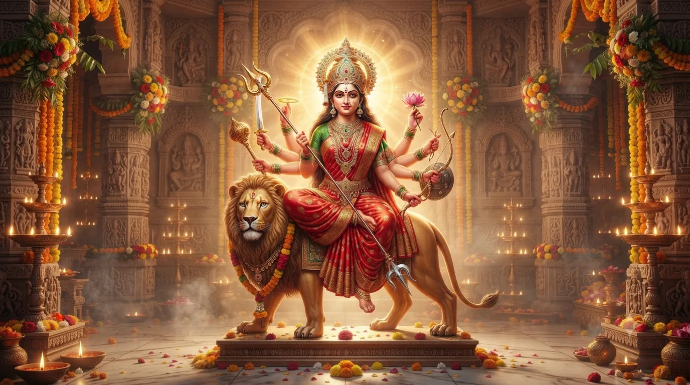 सिंह पर विराजमान माँ दुर्गा का दिव्य स्वरूप – तेरा भवन सजा जिन फूलों से देवी भजन