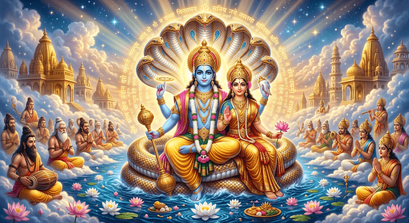 शेषनाग पर विराजमान भगवान विष्णु के दिव्य स्वरूप के साथ विष्णु सहस्रनाम स्तोत्र