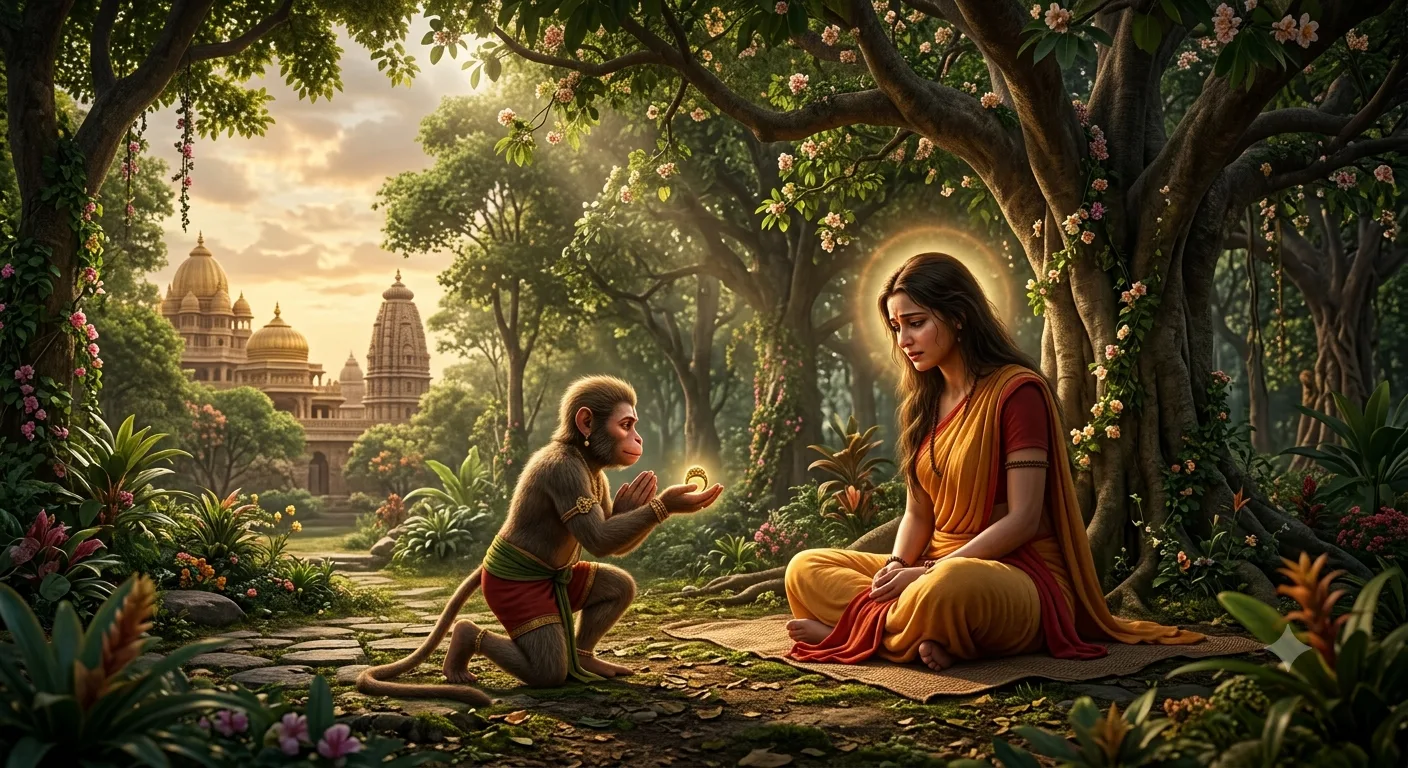 अशोक वाटिका में भगवान श्रीराम की मुद्रिका माता सीता को सौंपते हुए हनुमान जी का दिव्य दृश्य