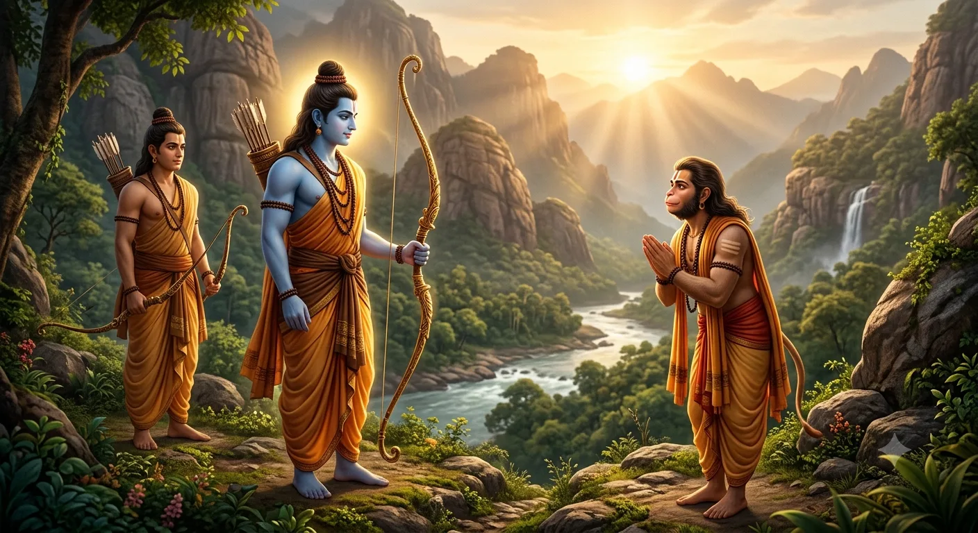 ऋष्यमूक पर्वत पर ब्राह्मण वेश में हनुमान जी की भगवान श्रीराम और लक्ष्मण से पहली भेंट का दिव्य दृश्य