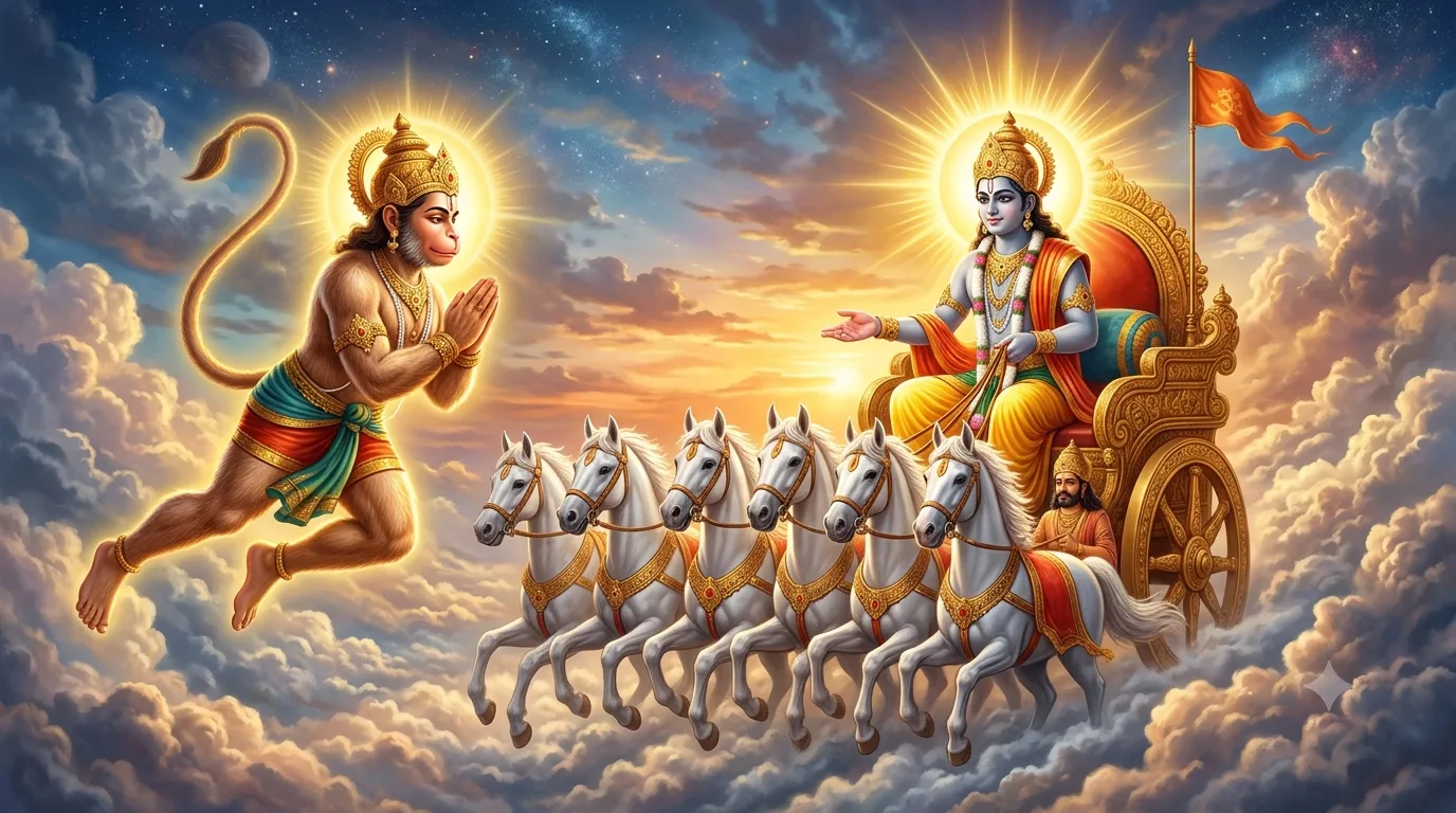 सूर्यदेव से शिक्षा ग्रहण करते हुए बाल हनुमान