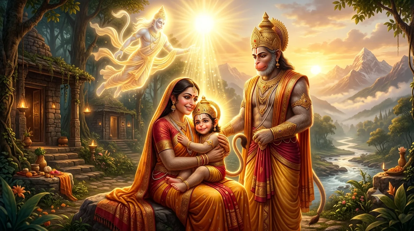 माता अंजना, वानरराज केसरी और बाल हनुमान का दिव्य चित्र