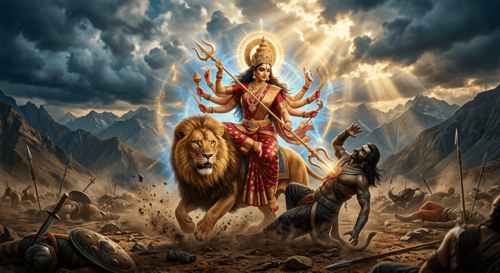 सिंह पर विराजमान देवी दुर्गा महिषासुर का वध करती हुई – महिषासुर और देवी दुर्गा का क्या संबंध था