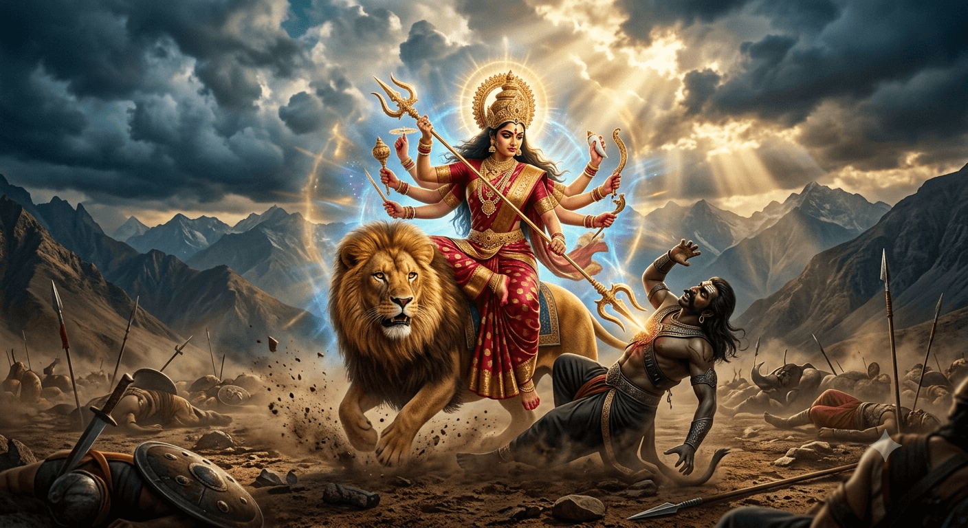 सिंह पर विराजमान देवी दुर्गा महिषासुर का वध करती हुई – महिषासुर और देवी दुर्गा का क्या संबंध था