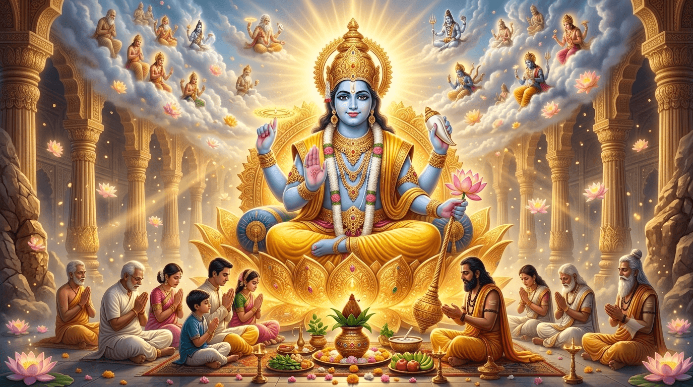 भगवान श्री सत्यनारायण कमलासन पर विराजमान हैं, भक्त परिवार श्रद्धापूर्वक व्रत कथा सुनते और पूजा करते हुए