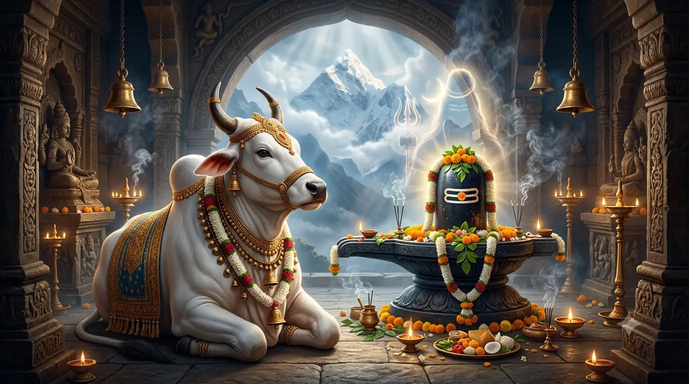 महादेव के द्वार पर नंदी महाराज शिवलिंग की ओर देखते हुए