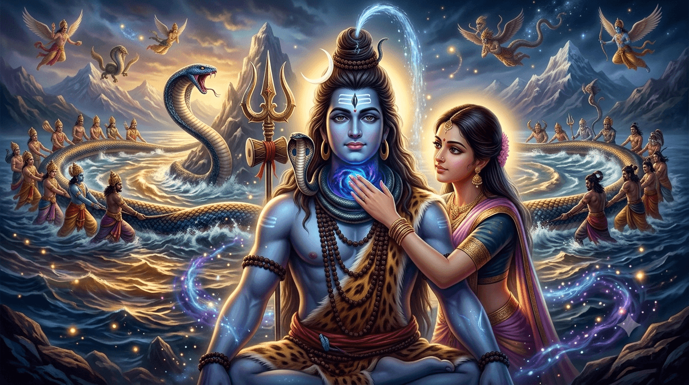 समुद्र मंथन के दौरान हलाहल विष धारण करते भगवान शिव नीलकंठ