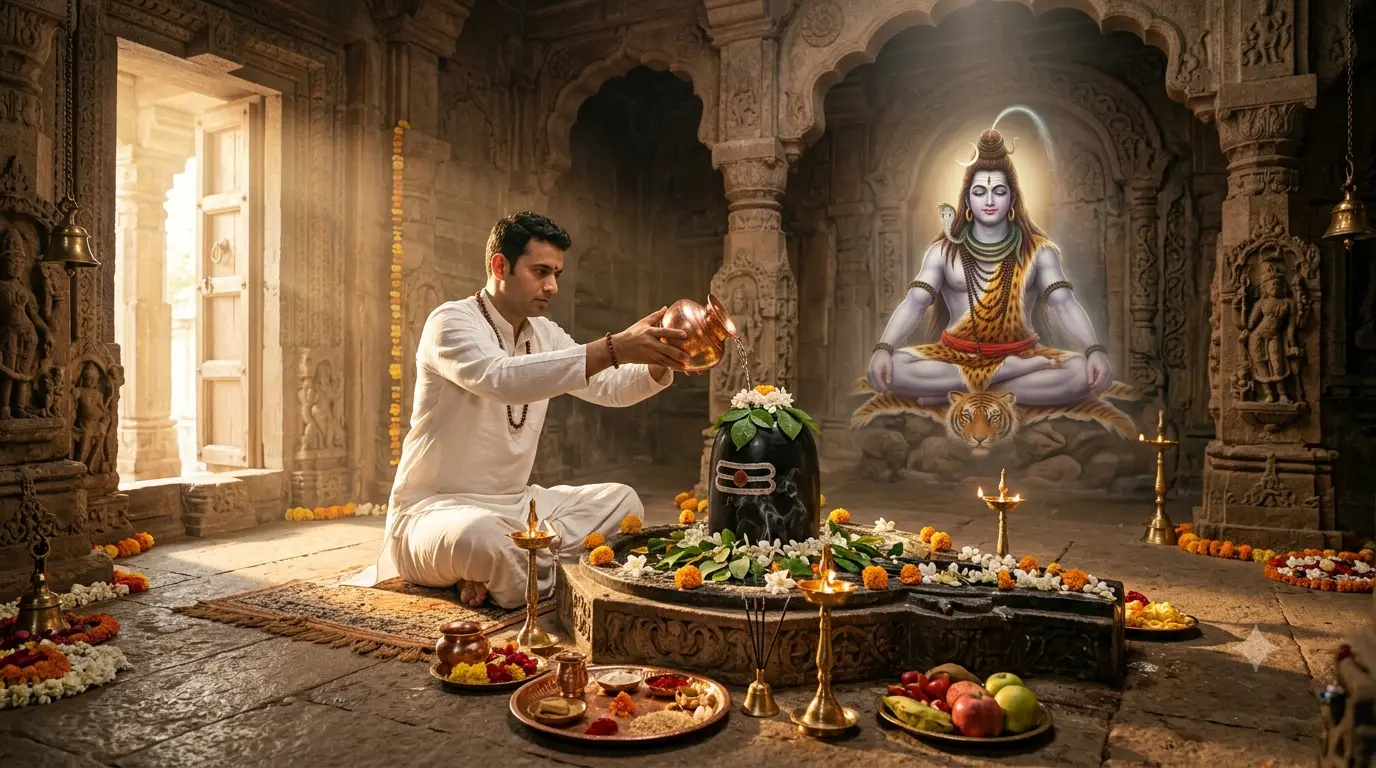 शिव पूजा विधि में शिवलिंग का जलाभिषेक करते भक्त