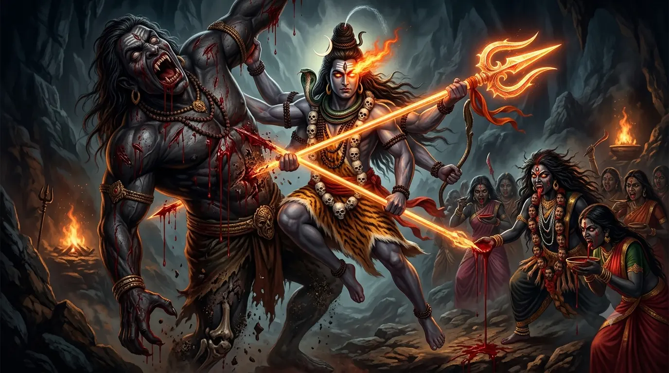 अंधकासुर वध की कथा बैनर में भगवान शिव त्रिशूल से अंधकासुर का वध करते हुए और माता काली रक्त पीती हुई