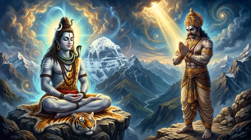 भस्मासुर की कथा की इमेज में भगवान शिव कैलाश पर्वत पर ध्यान में बैठे हैं और भस्मासुर उनसे वरदान प्राप्त कर रहा है।