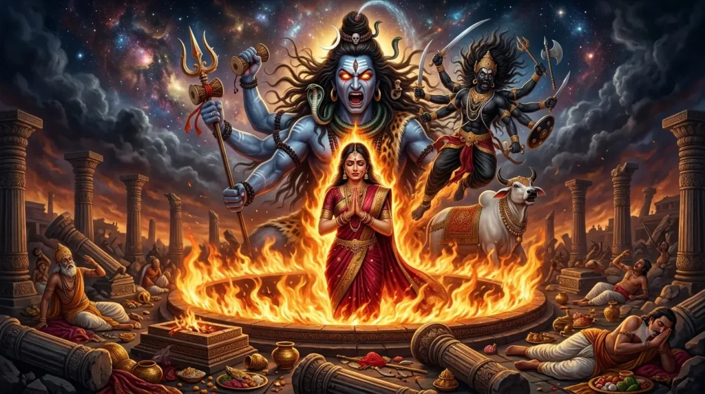 दक्ष यज्ञ की कथा बैनर में माता सती यज्ञ कुंड में और भगवान शिव क्रोधित होते हुए
